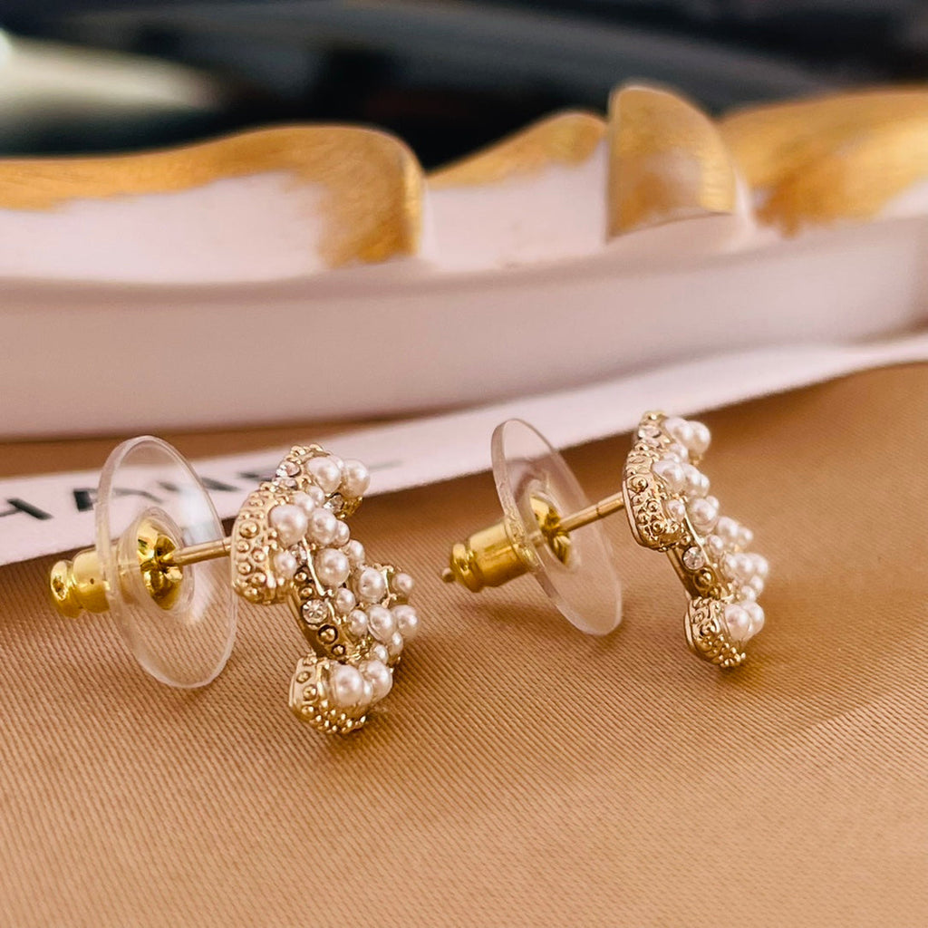 Chanel Double C MOP Gold Stud Earrings