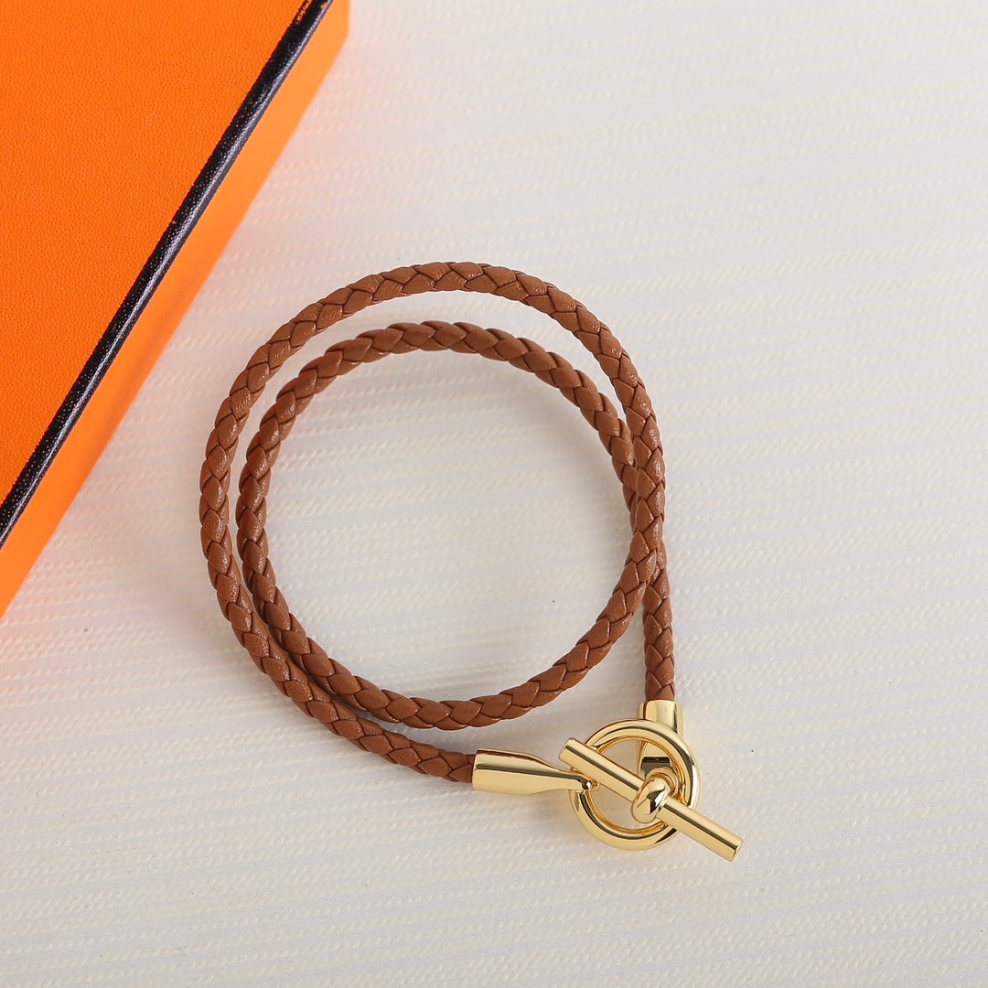 Hermes Glenan Double Tour Gold Leather Bracelet