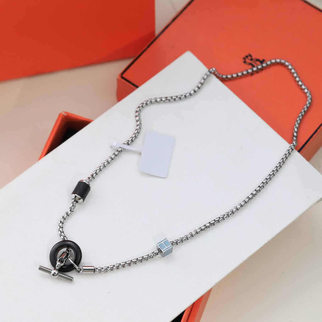Hermes HM Black Circle Silver Necklace