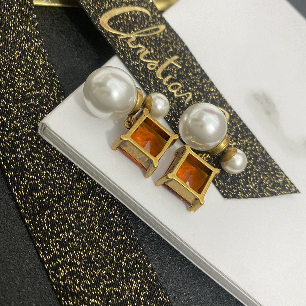 Dior CD Pearl Earrings Gold Diamond