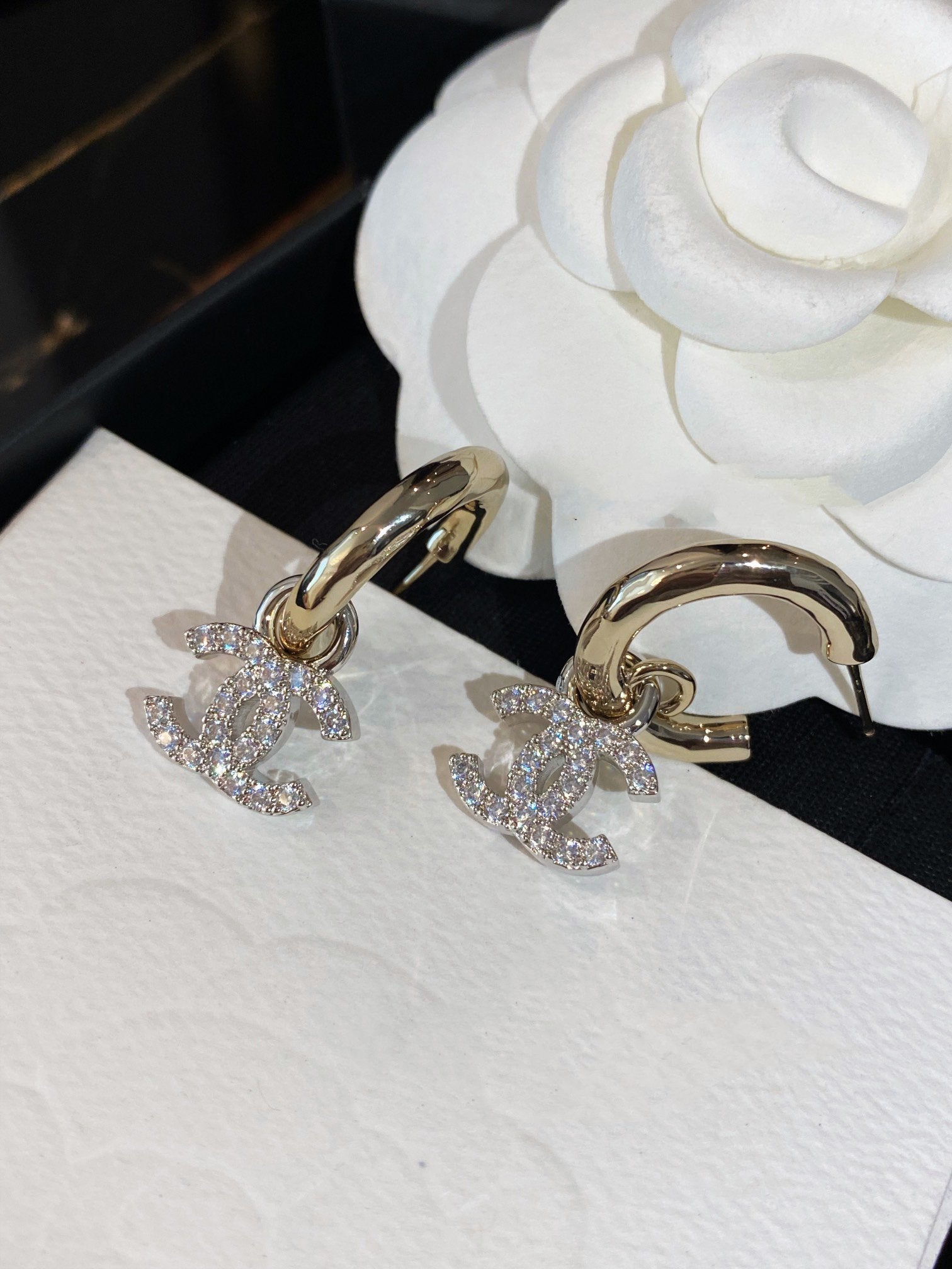 Chanel Double C Gold Diamond Earrings