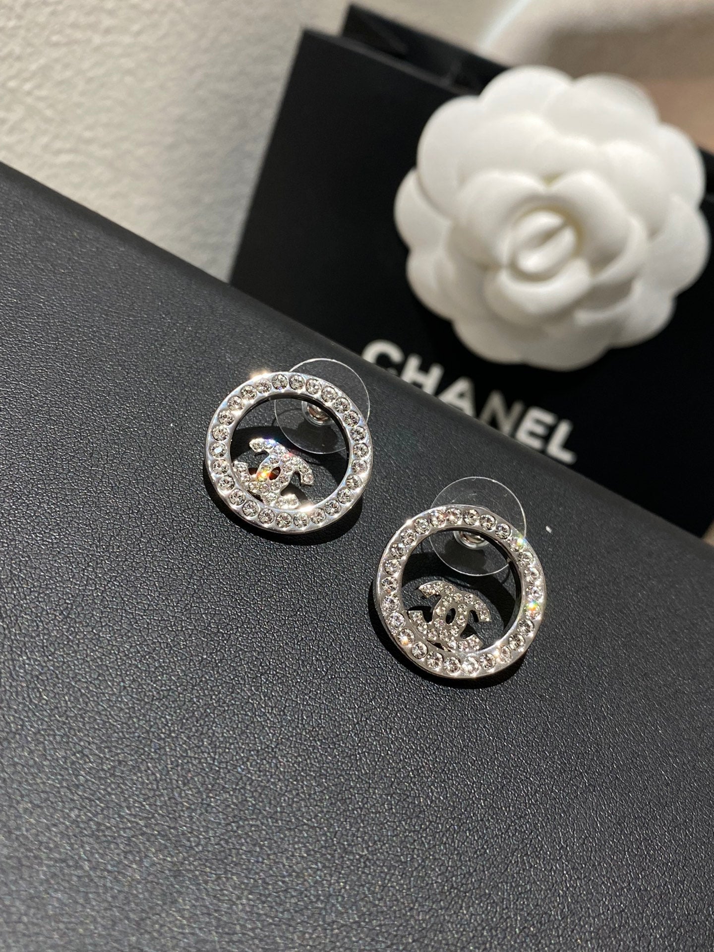 Chanel Classic Platinum Rhinestone Stud Silver Earrings