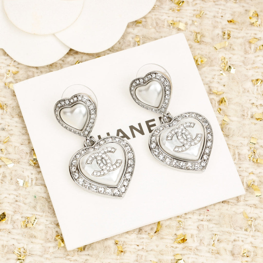 Chanel Double Heart Diamonds Silver Earrings